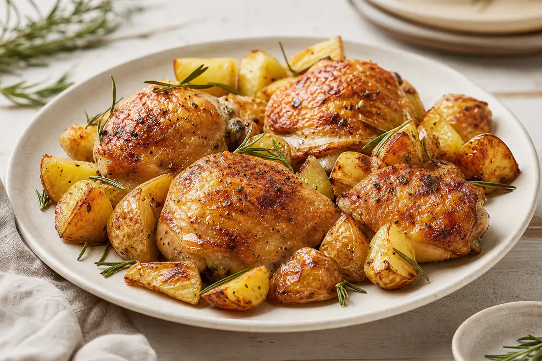 Sovracosce di pollo arrostite con pelle croccante e tocchetti di patate dorati con rosmarino, serviti insieme su un piatto rustico