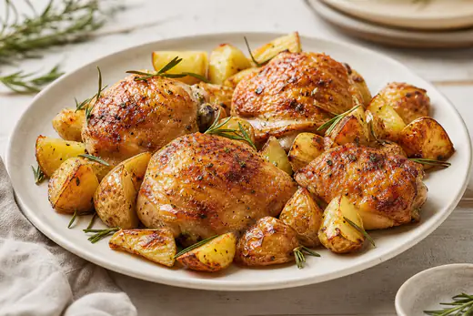 Sovracosce di pollo arrostite con pelle croccante e tocchetti di patate dorati con rosmarino, serviti insieme su un piatto rustico