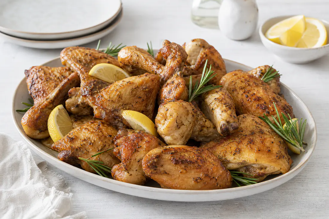 Pezzi di pollo dorati e croccanti, fusi, sovracosce e ali, serviti su un vassoio con spicchi di limone e rosmarino