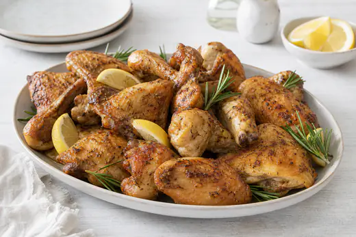 Pezzi di pollo dorati e croccanti, fusi, sovracosce e ali, serviti su un vassoio con spicchi di limone e rosmarino