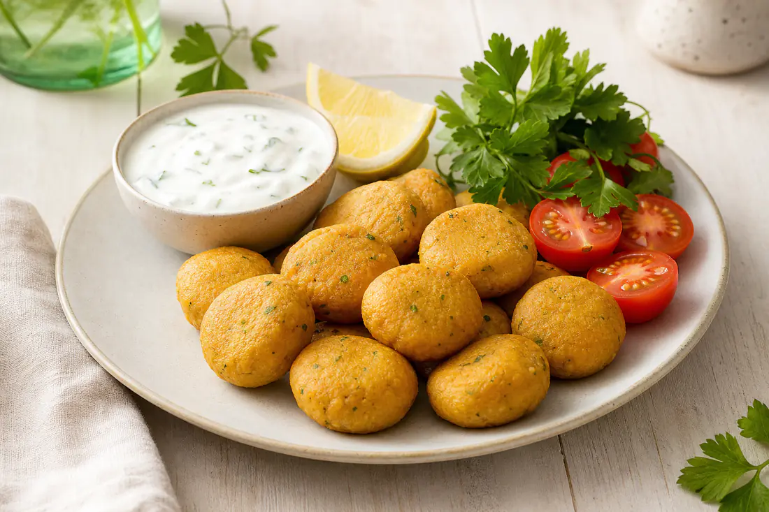 Polpette di ceci rotonde e dorate con prezzemolo e una fetta di limone, servite con yogurt vegetale e pomodorini
