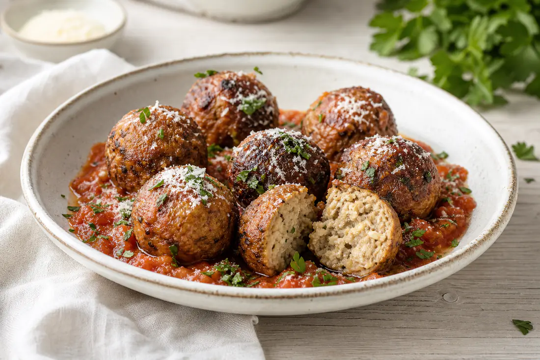 Polpette di melanzane scure e dorate con una polpetta aperta che mostra l’interno morbido, in un piatto con salsa di pomodoro e prezzemolo