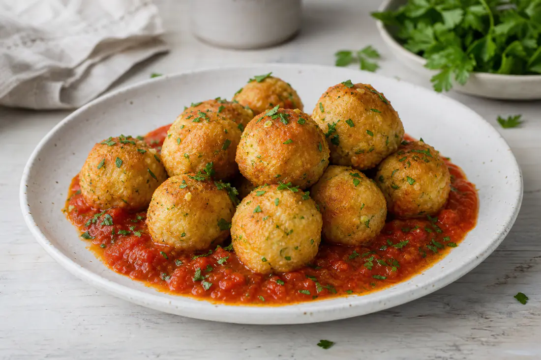 Polpette di pane tonde e dorate, senza carne, con prezzemolo e parmigiano, servite su un piatto con salsa di pomodoro