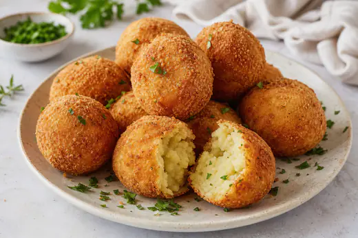 Polpette di patate tonde con crosta di pangrattato bruna e croccante, una spezzata a metà con ripieno morbido, su un piatto con prezzemolo