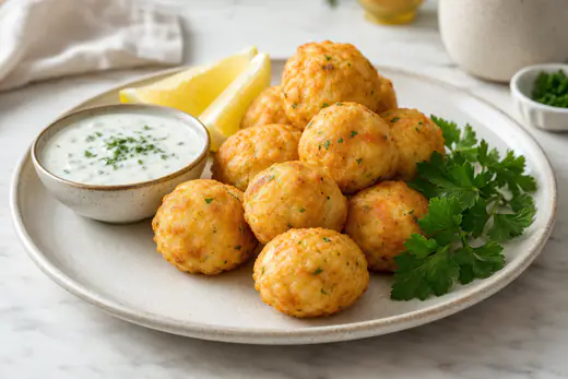 Polpette di pesce dorate e rotonde su un piatto, con una ciotolina di salsa allo yogurt, prezzemolo fresco e fette di limone