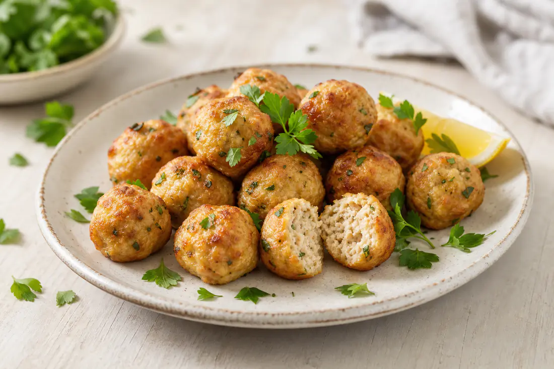 Polpette di pollo rotonde e dorate di circa 3 cm su un piatto con prezzemolo e uno spicchio di limone, una spezzata per mostrare l’interno morbido