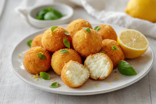 Polpette di ricotta dorate e rotonde, una tagliata a metà con interno cremoso e bianco, su un piatto con basilico e scorza di limone