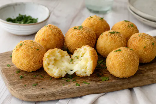 Polpette di riso tonde con panatura dorata, una spezzata a metà con riso e scamorza filante, servite su un tagliere con prezzemolo