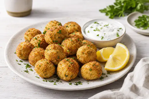 Polpette di tonno e ricotta tonde e dorate, impanate, servite su un piatto con prezzemolo tritato, spicchi di limone e una ciotolina di salsa allo yogurt