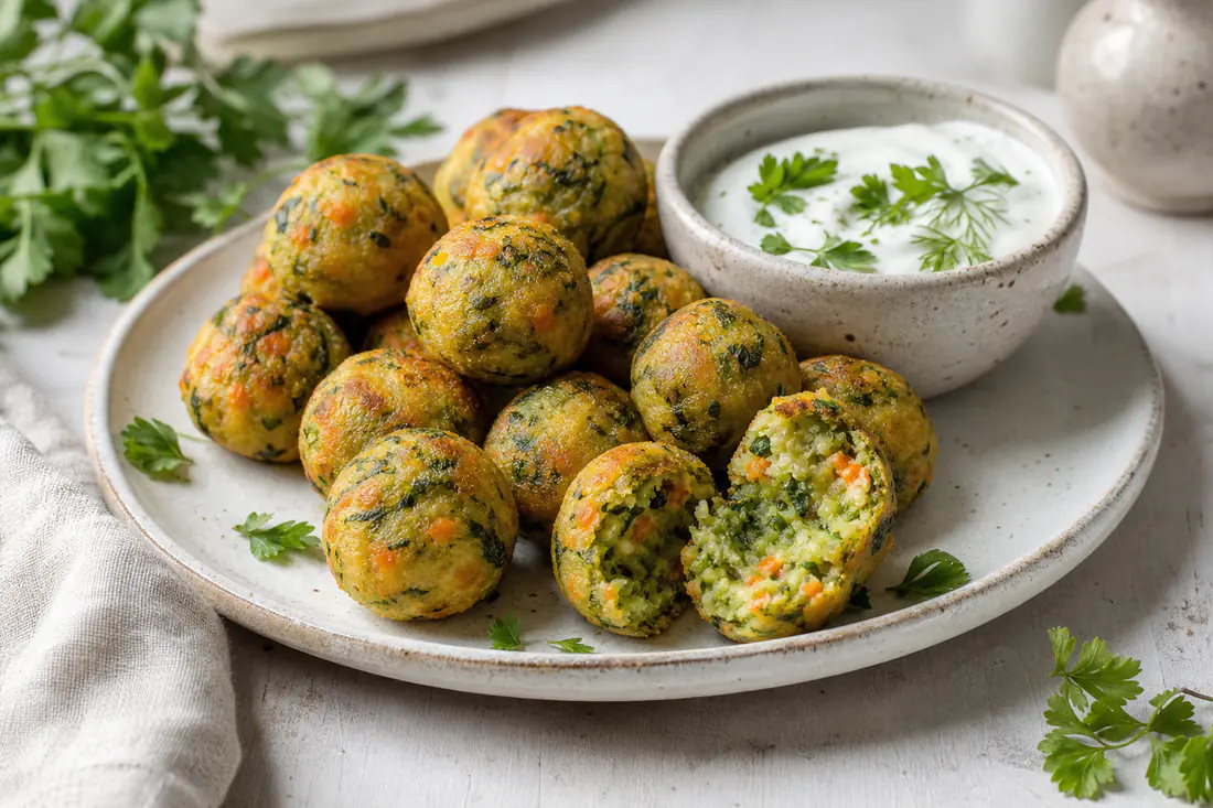Polpette di verdure dorate con puntini verdi di spinaci e arancioni di carota, una spezzata a metà, su un piatto con salsa allo yogurt