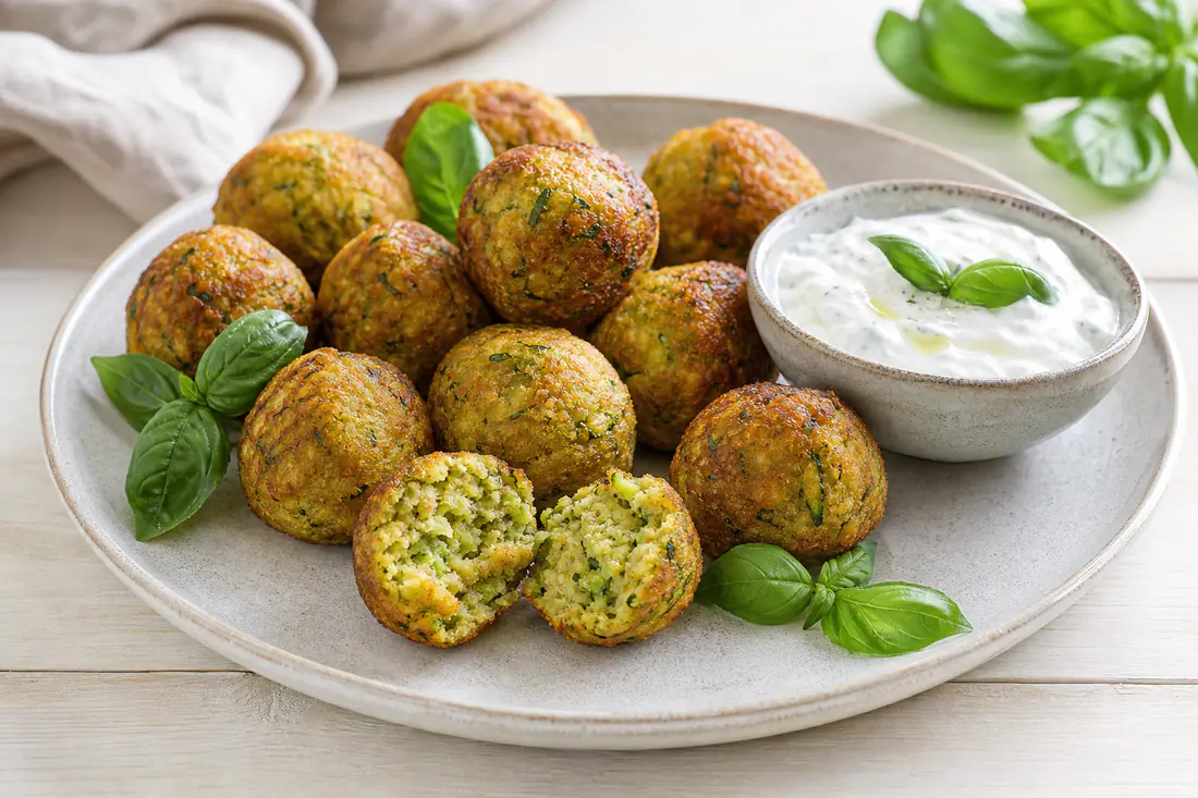 Polpette di zucchine tonde e dorate con una polpetta spezzata che mostra l’interno verde, su un piatto con foglie di basilico e yogurt