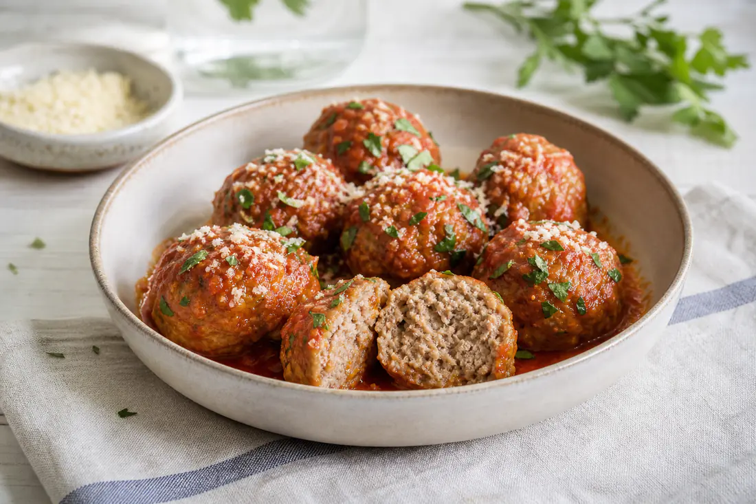Polpette di carne rotonde e dorate in un piatto fondo con salsa di pomodoro, prezzemolo fresco e parmigiano grattugiato