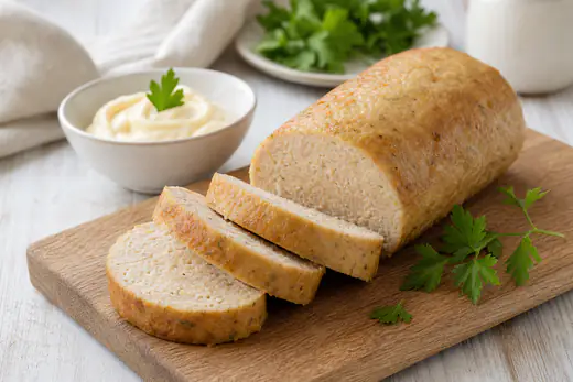 Polpettone di tonno e patate a forma di cilindro, dorato, tagliato a fette spesse su un tagliere, con prezzemolo e una ciotolina di maionese