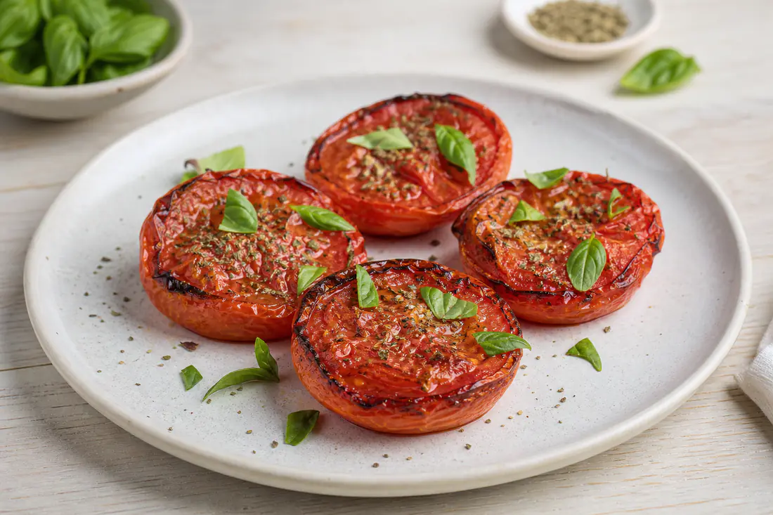 Metà di pomodori rossi arrostiti con la polpa morbida e i bordi scuriti, cosparsi di origano e basilico fresco