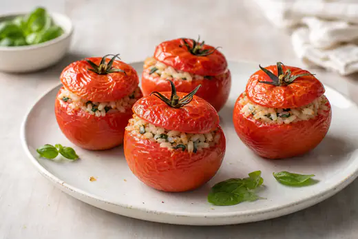 Pomodori tondi rossi ripieni di riso con basilico, con il cappello appoggiato sopra e la buccia leggermente arrostita, su un piatto bianco
