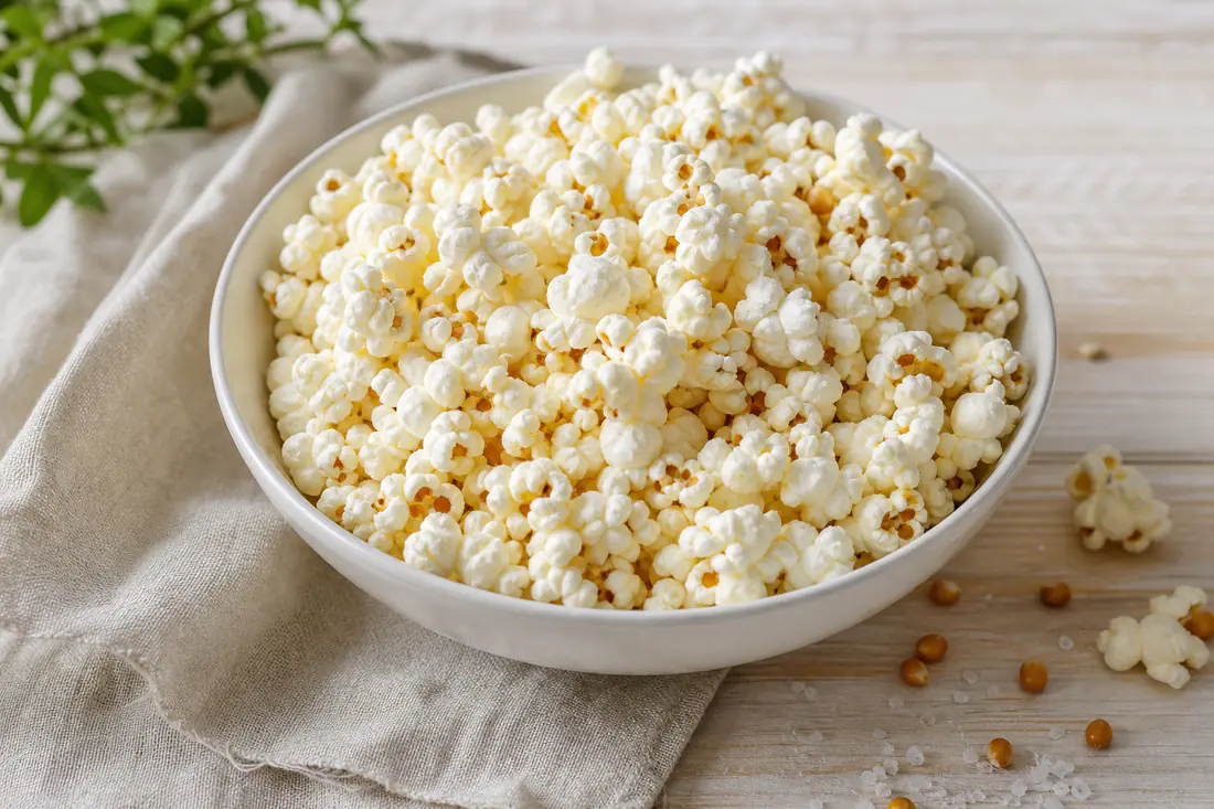 Ciotola di popcorn bianchi e soffici appena fatti, con qualche chicco di mais non scoppiato e un pizzico di sale