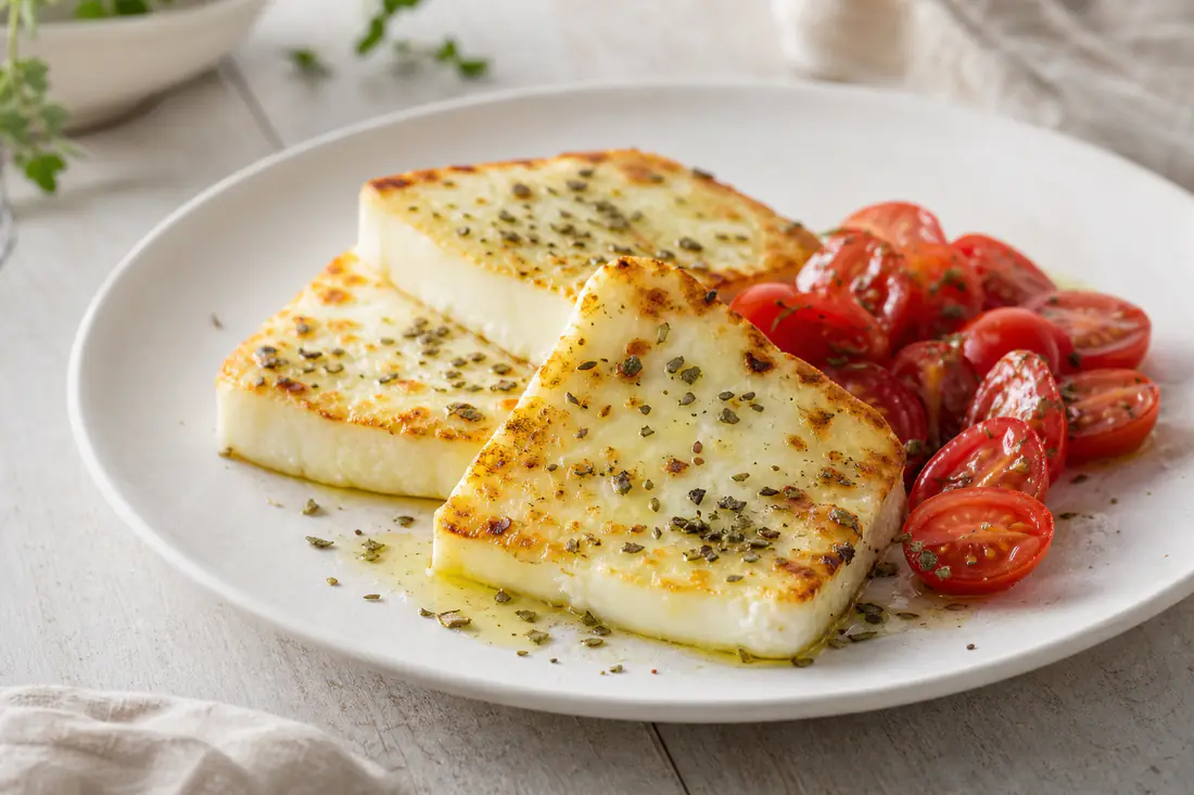 Fette spesse di primo sale dorate in superficie con origano, servite su un piatto con pomodorini freschi e un filo d’olio