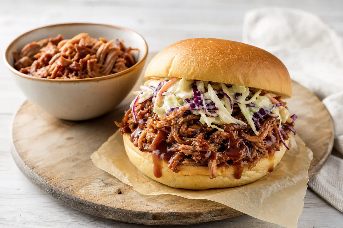 Pulled pork sfilacciato in un panino morbido con cavolo cappuccio croccante e salsa barbecue, accanto a una ciotola di carne