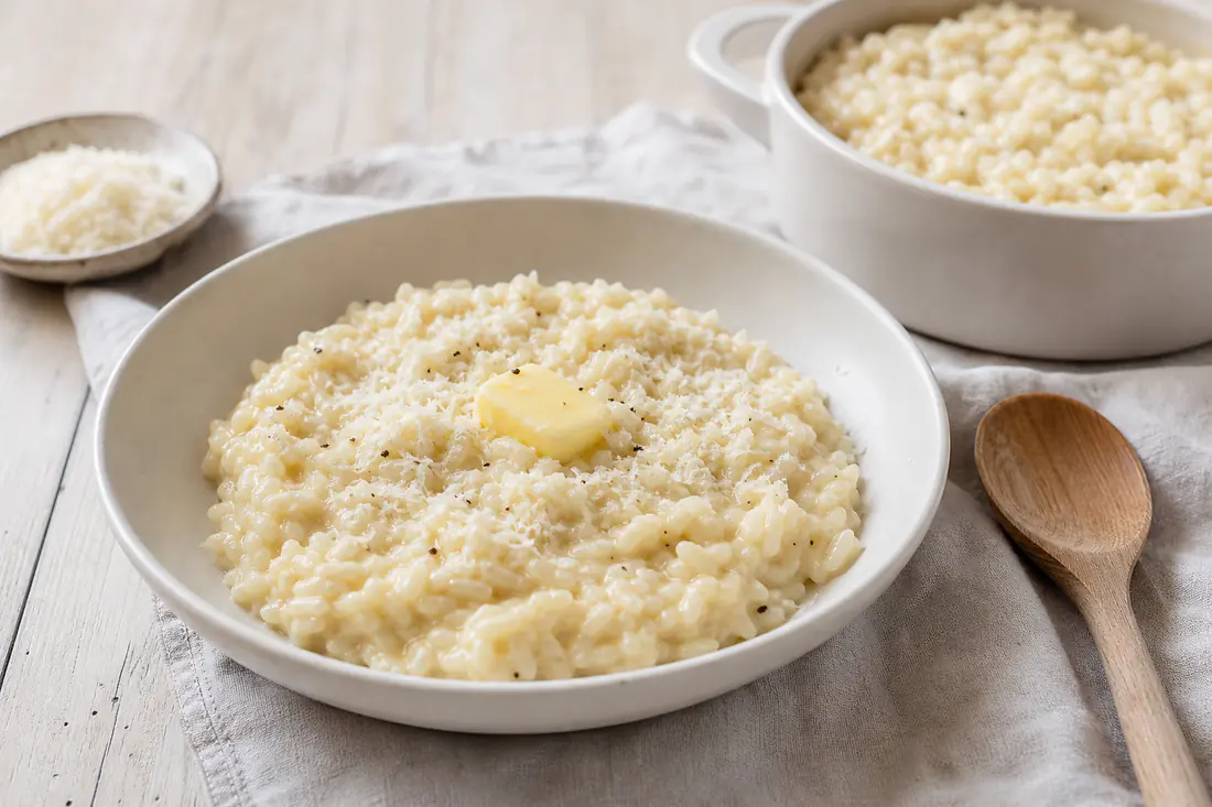 Risotto cremoso con parmigiano grattugiato in una ciotola bianca, accanto a una pirofila rotonda e a un cucchiaio di legno