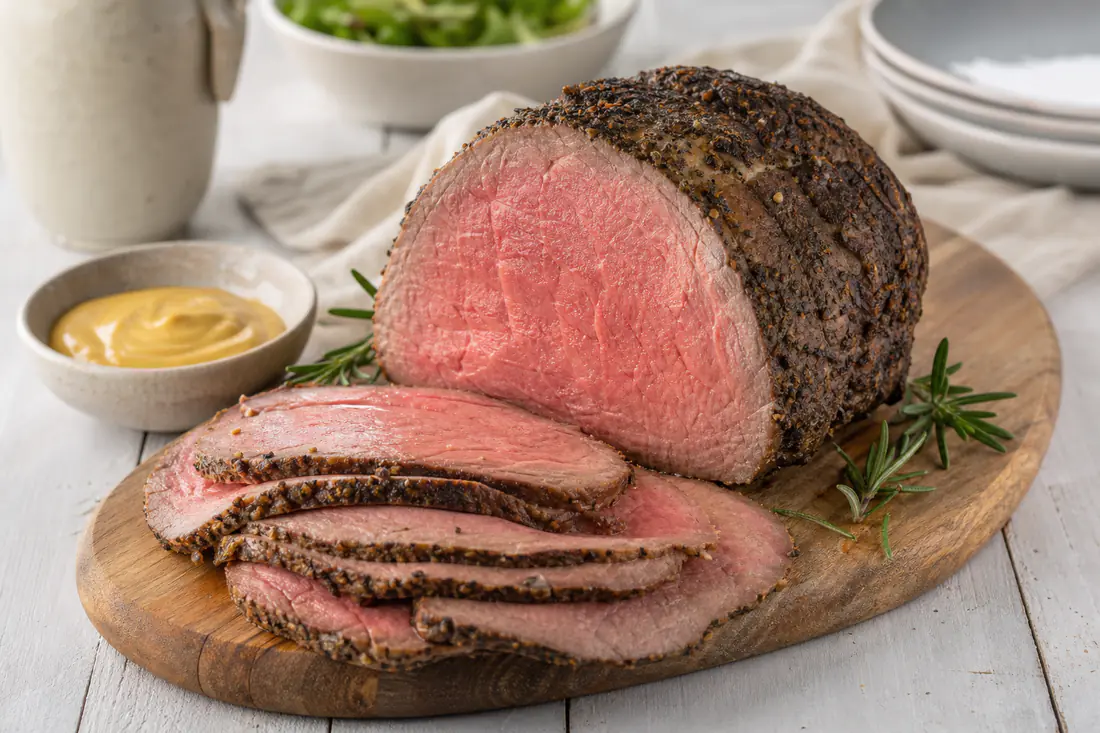 Roast beef affettato sottile con il centro rosato e la crosta scura alle erbe, disposto su un tagliere con rosmarino