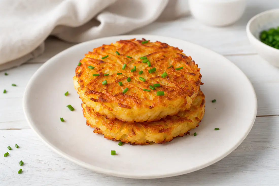 Due rösti di patate dorati e croccanti, di forma rotonda, impilati su un piatto bianco con un ciuffo di erba cipollina