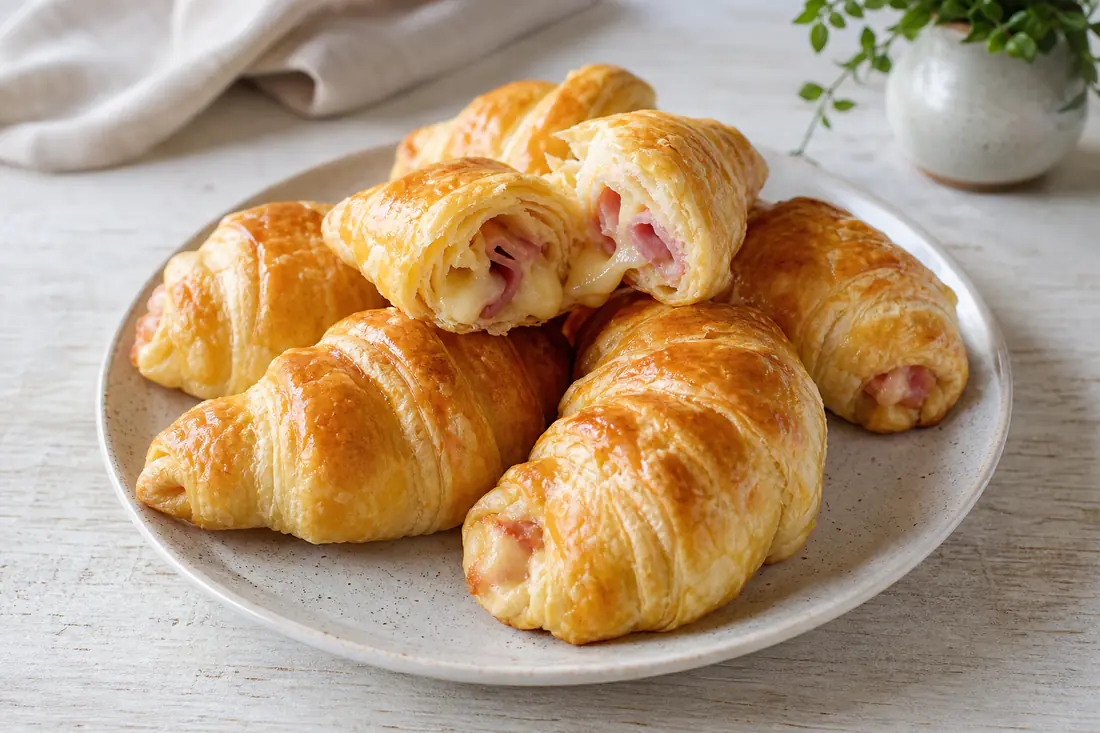 Cornetti rustici di pasta sfoglia dorati e sfogliati, ripieni di prosciutto cotto e formaggio, su un piatto con un cornetto aperto
