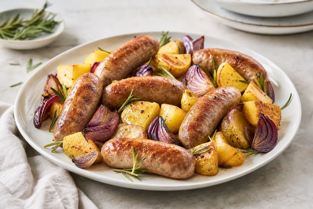 Salsicce fresche dorate con patate a tocchetti arrosto, cipolla rossa e rametti di rosmarino in un piatto da portata