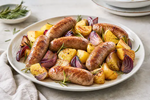 Salsicce fresche dorate con patate a tocchetti arrosto, cipolla rossa e rametti di rosmarino in un piatto da portata