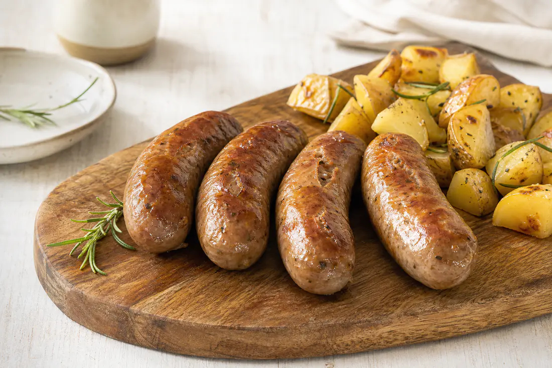 Quattro salsicce fresche dorate e lucide su un tagliere, con rametti di rosmarino e patate arrosto