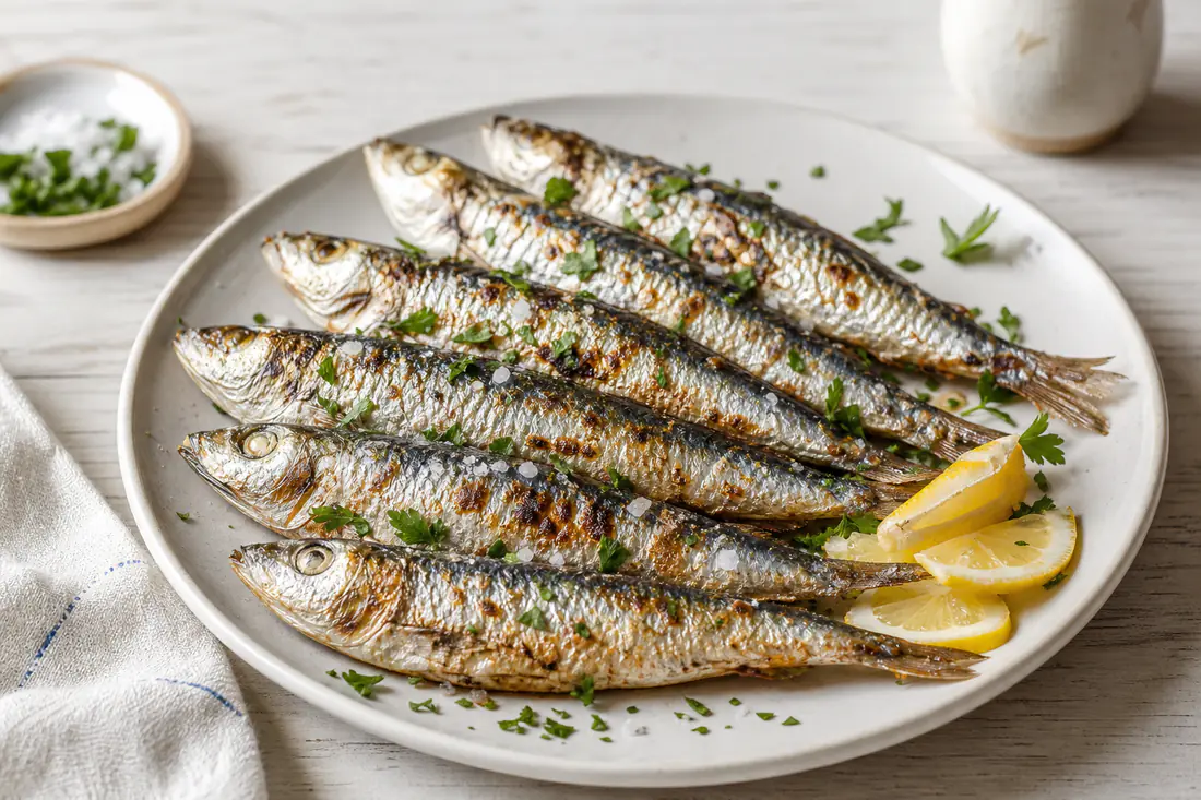 Sarde intere con la pelle argentata e dorata, cotte e servite su un piatto con spicchi di limone, prezzemolo e sale grosso