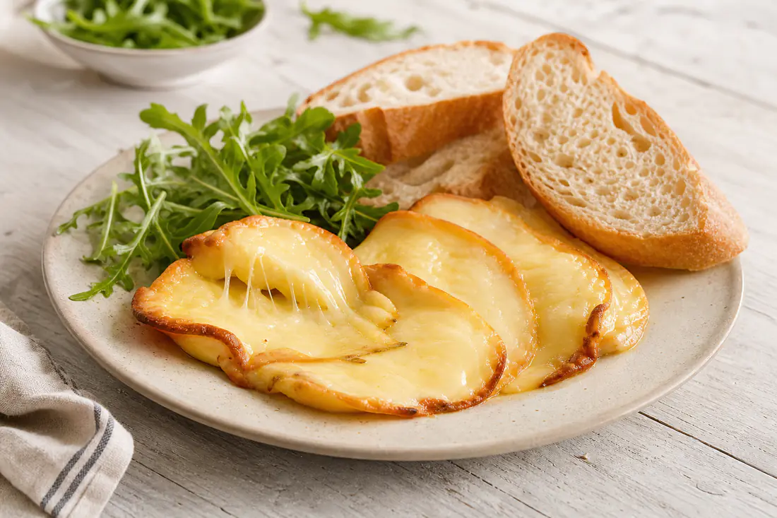Fette di scamorza affumicata fusa e dorata sui bordi, filante, su un piatto con fette di pane e foglie di rucola