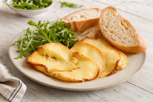 Fette di scamorza affumicata fusa e dorata sui bordi, filante, su un piatto con fette di pane e foglie di rucola