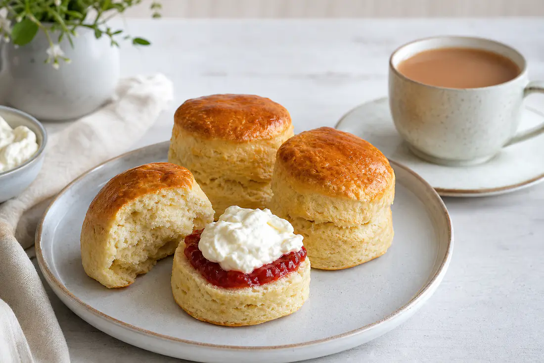 Scones rotondi dorati e alti, uno spezzato a metà con marmellata di fragole e panna, su un piatto accanto a una tazza di tè