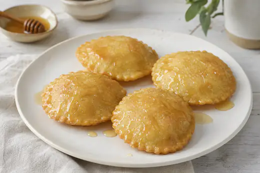 Quattro seadas tonde e dorate con il bordo chiuso e ondulato, coperte di miele dorato, su un piatto bianco