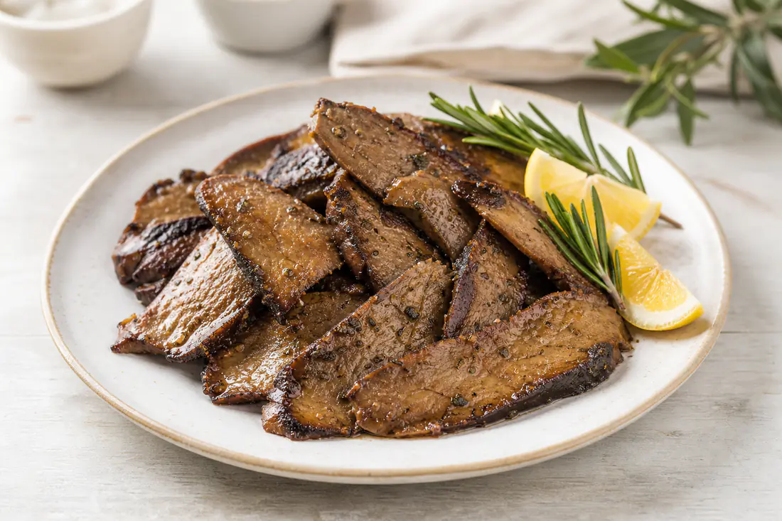 Fette di seitan dorate con bordi scuri e croccanti, lucide di marinata, servite con rosmarino e spicchi di limone