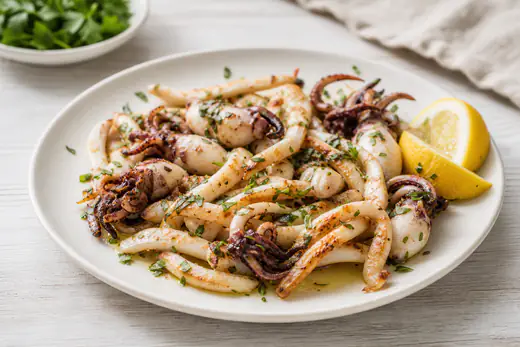 Seppie arrostite tagliate a strisce, dorate sui bordi, condite con prezzemolo, olio e spicchi di limone su un piatto bianco