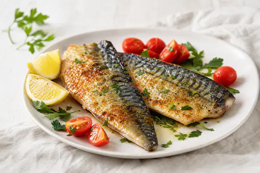 Due filetti di sgombro con la pelle argentata e dorata, serviti con spicchi di limone, prezzemolo e pomodorini su un piatto