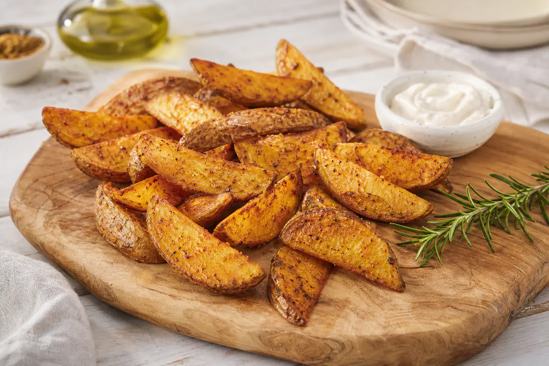 Spicchi di patate con la buccia dorati e speziati con paprica, serviti su un tagliere con un rametto di rosmarino