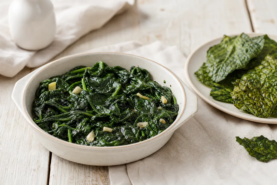 Spinaci freschi appassiti in una piccola teglia con aglio e un filo d’olio, accanto a foglie di spinaci croccanti
