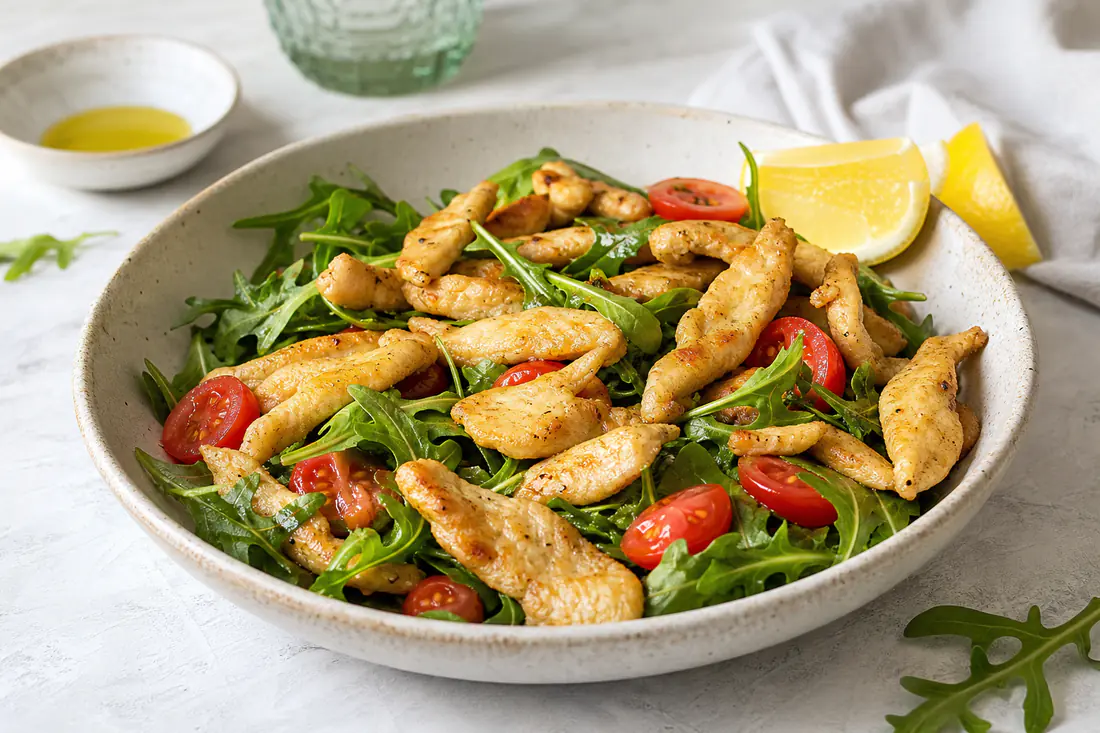 Straccetti di pollo dorati e croccanti serviti in una ciotola con rucola, pomodorini e spicchi di limone