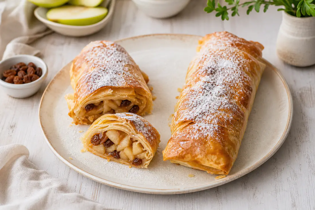 Due strudel di mele dorati con la sfoglia lucida, tagliati a fette per mostrare il ripieno di mele, con zucchero a velo