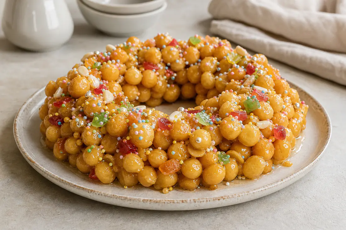 Struffoli napoletani, piccole palline dorate coperte di miele, con canditi e codette colorate, disposti a corona su un piatto