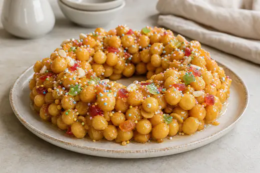 Struffoli napoletani, piccole palline dorate coperte di miele, con canditi e codette colorate, disposti a corona su un piatto