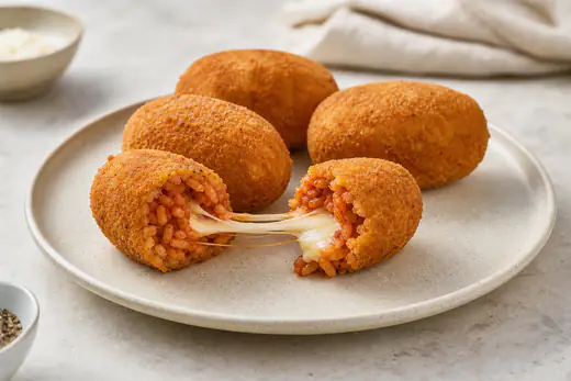 Supplì ovali dorati, uno spezzato a metà con riso rosso al sugo e filo di mozzarella che si allunga, su un piatto