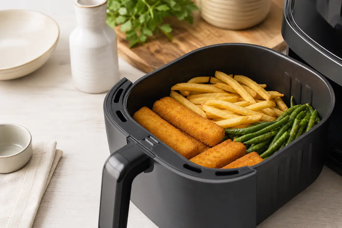 Cestello di una friggitrice ad aria con patatine fritte, bastoncini di pesce e fagiolini cotti da surgelati
