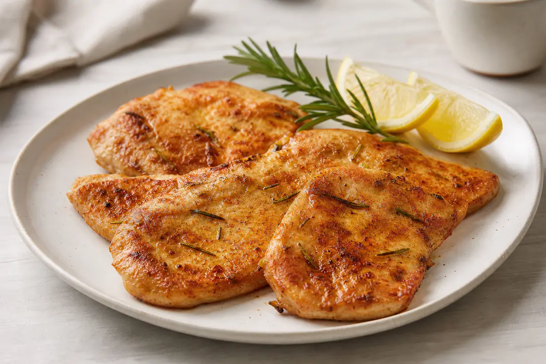 Quattro fettine di petto di tacchino dorate e speziate con paprica, servite su un piatto con rosmarino e spicchi di limone