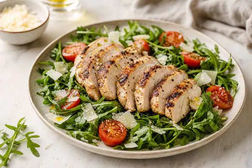 Tagliata di petto di pollo a fette succose disposte a ventaglio su un letto di rucola con scaglie di grana, pomodorini e filo d’olio