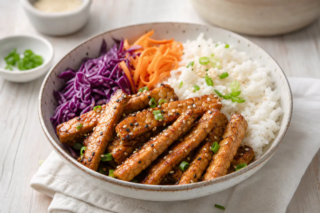 Strisce di tempeh dorate e laccate con bordi croccanti, in una ciotola con riso, cavolo e semi di sesamo