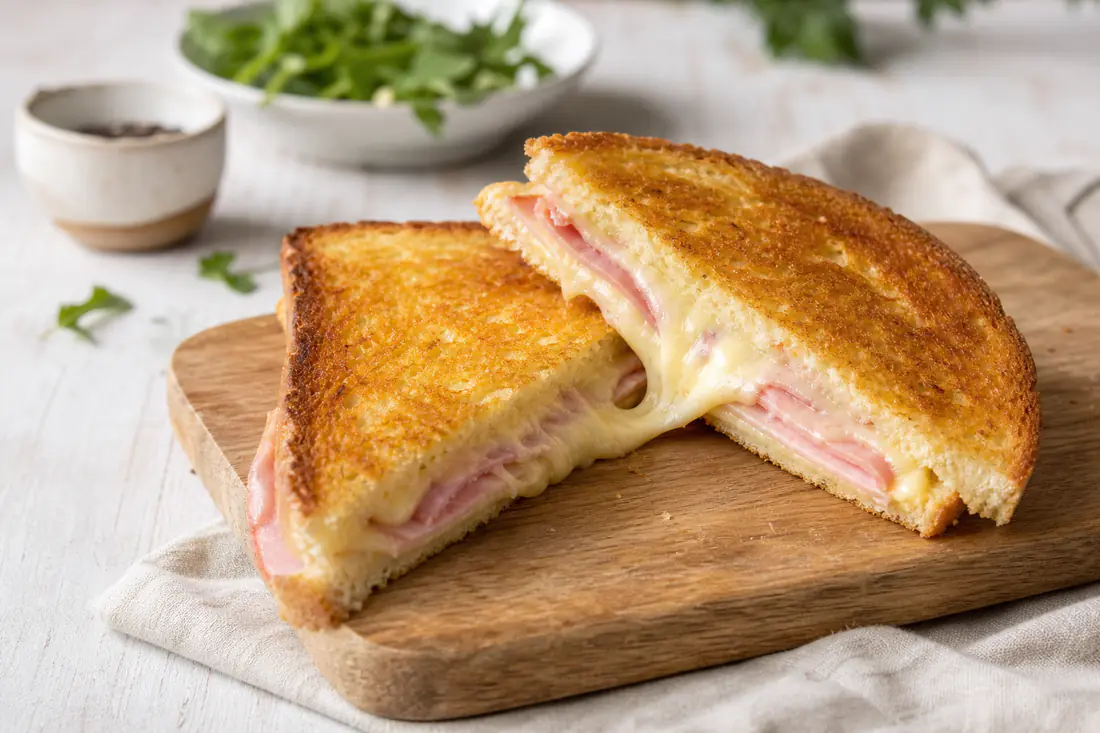 Due toast tagliati in diagonale con prosciutto cotto e formaggio filante, pane dorato e croccante su un tagliere