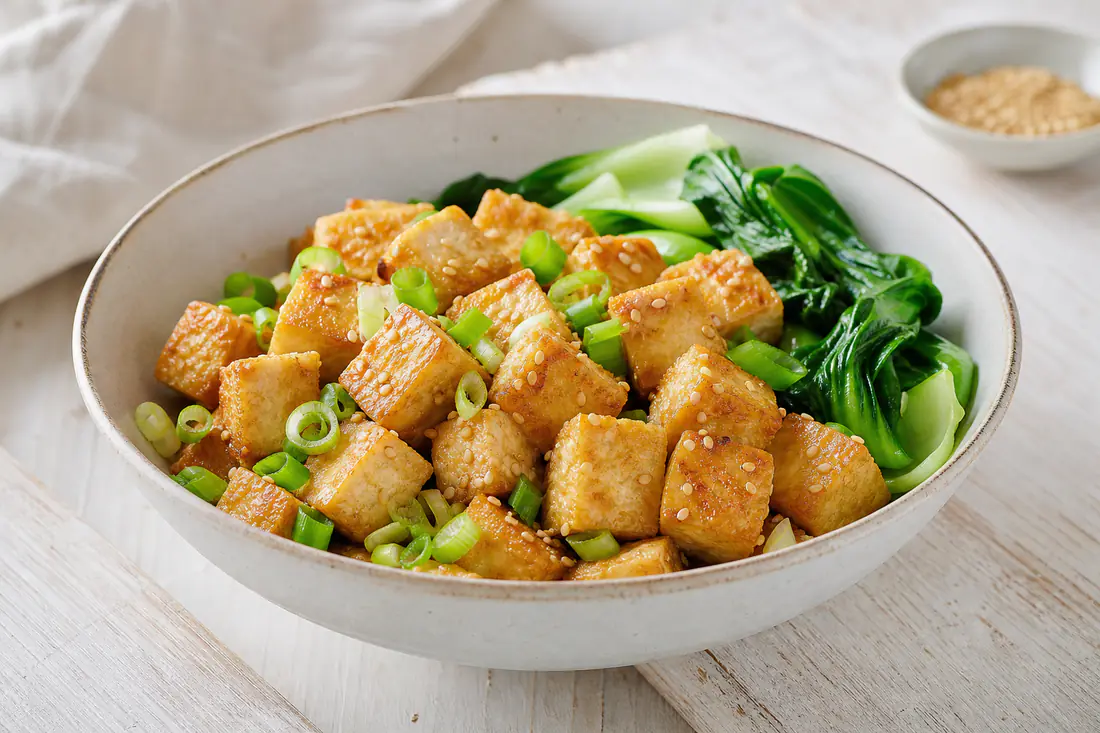 Cubetti di tofu dorati e croccanti con una leggera crosta, in una ciotola con semi di sesamo, cipollotto e verdure saltate